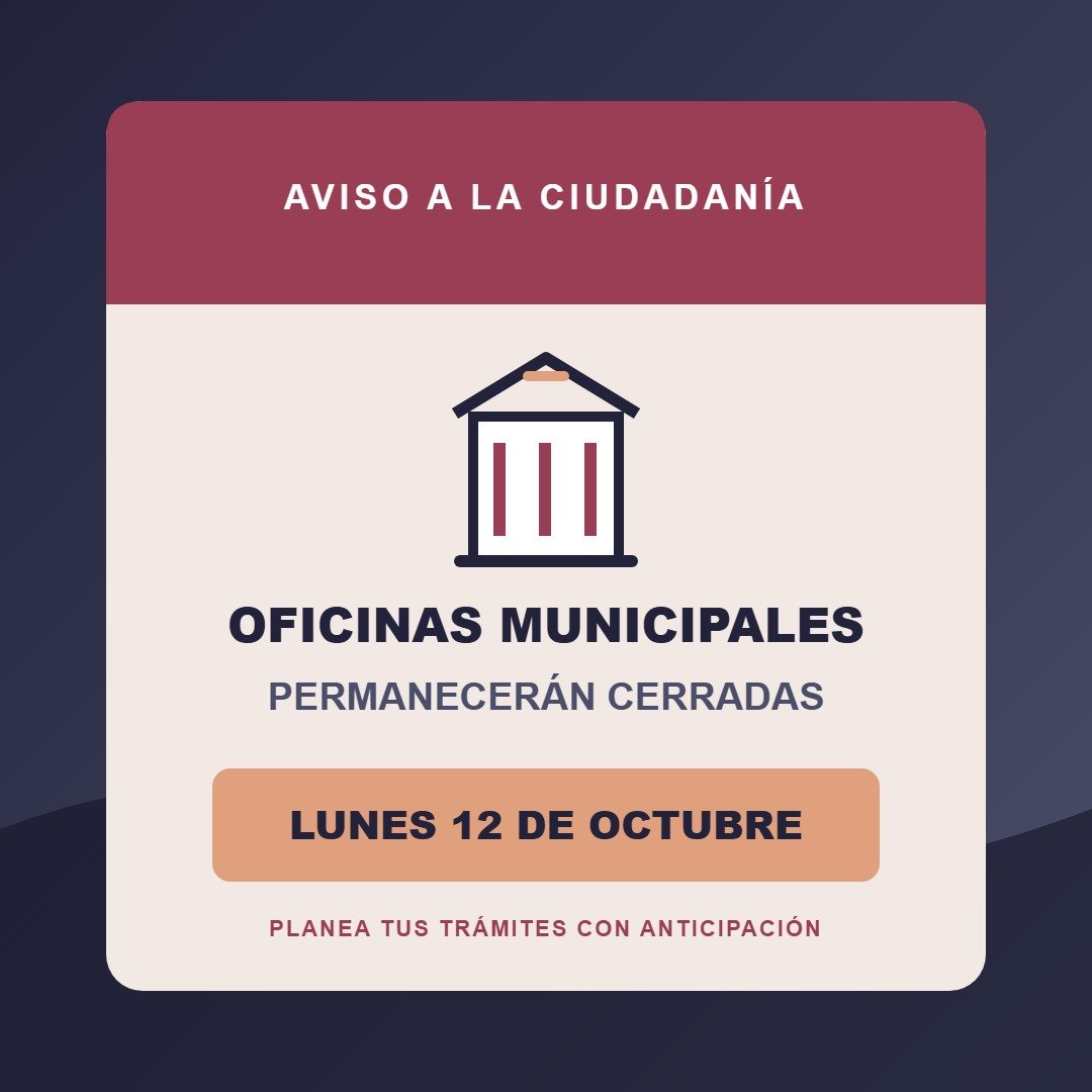 Oficinas municipales permanecerán cerradas el lunes 12 de octubre.
